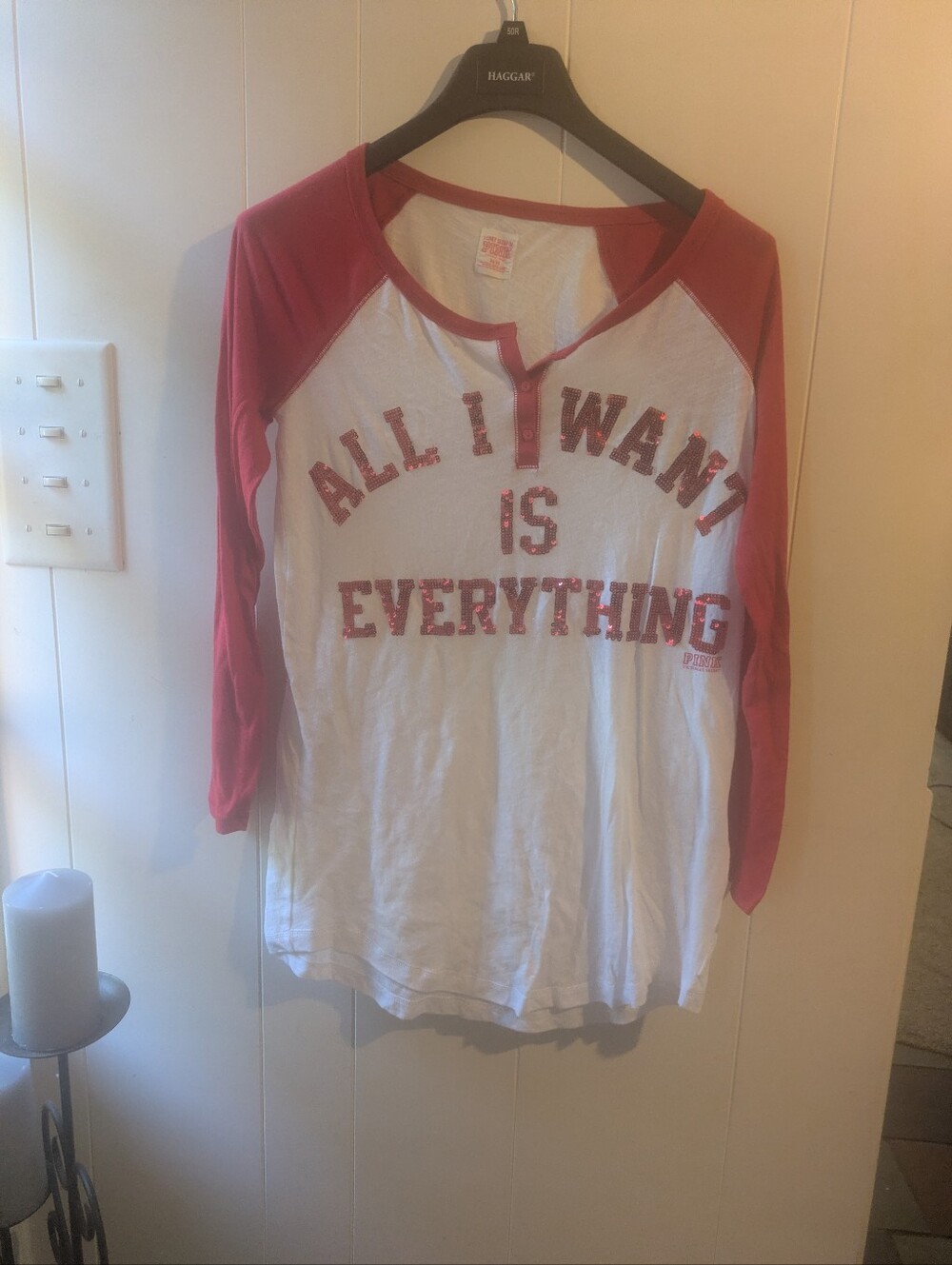 Graphic Pink Baseball Tee - "All I Want Is Everything" - White & Red